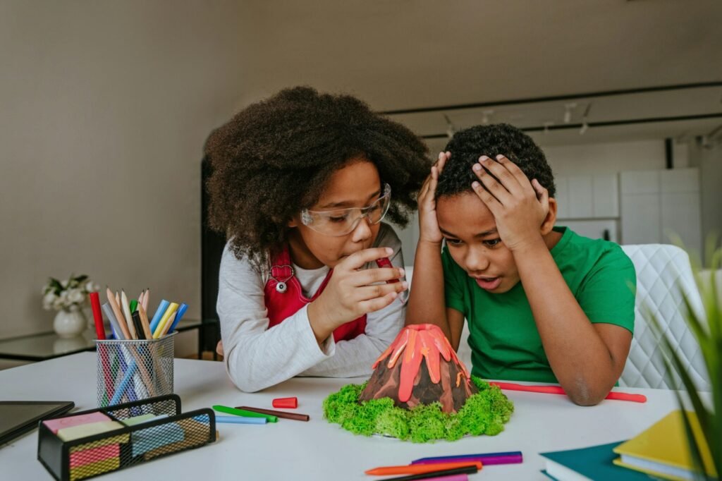 A boy and a girl conduct a science experiment.
